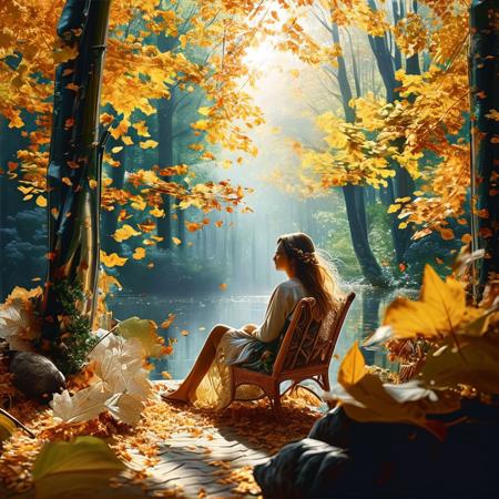 A stunning piece of leaf cutting art portraying a  young girl. The girl is resting on a chair of leaves, her long hair spilling over the edge. Each leaf has been meticulously cut and arranged to create a lifelike representation. The background is a serene forest scene with tall trees and sunlight filtering through the leaves. The overall atmosphere of the artwork is peaceful and tranquil, evoking a sense of harmony with nature.