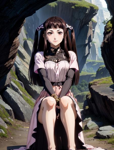 (best quality:1.1),(masterpiece:1.2),masterpiece,best quality,highres,(detailed eyes),full body,1girl,solo,black hair,smile,breasts,ribbon,long hair,two side up,hair ribbon,pink eyes,cleavage,twintails,medium breasts,looking at viewer,bangs,blunt bangs,<lora:2more_details:0.5>,realistic,8k,<lora:RubyT-002:1>,(cave background:1.1),(hakama short skirt :1.2),(Sitting with hands on hips :1.1),(:/ face),