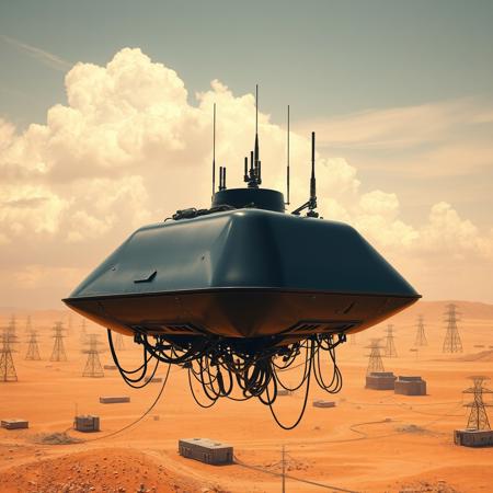 ultra high resolution, masterpiece, best quality, small featureless glossy black  spacecraft hovering low to the ground, underneath the spacecraft are cables hoses and wires, antennas on top, cables hanging from below, rectangular in shape, futuristic world, post apocalyptic landscape, ((low concrete buildings:1.3)) anti gravity, in the atmosphere, sky, clouds, ground visible, hovering, dry, ((dusty)), bleak landscape, parched, orange light, sunlight, square shapes, bleached colors, scattered destroyed industrial buildings, powerlines and towers