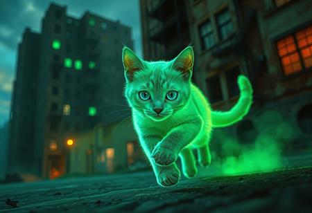 a green luminescent scene, close-up of a cute ghost cat, hyper detailed, running, glowing smoke trail, glowing orange red, smoke like, dim, blue detailed eyes, glowing smoke, in a luminescent World, rad dramatic sunset, apocalyptic city, broken walls on tall buildings, rusty, dry, neon green glowing fog from windows, blue glowing smoke ultra detailed, dimm unreal dark night, luminescent fantasy. enpowering the contrast of the low angle shot,.
shallow depth of field, ultra realistic render, 8k, uhd, hdr, sfw, anime style,