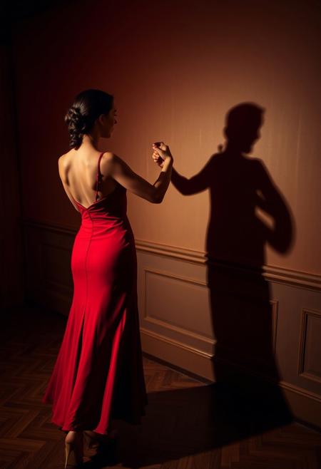 Art photography contest grand winner, an artistic photograph of a woman dancing tango with the shadow of a man.
The woman wears a red tango dancing dress, her hair braided into a bun, she is facing the wall looking at the male shadow on the wall.
The shadow of the male dancer is slightly taller than the woman, looking fit and elegant.
The perspective lets the viewer believe that the woman and the shadow are dancing tango together in an intimate setting.
The photograph is taken in a rich venue, the hardwood floor has pattern, the walls have panels at the bottom and are painted in a neutral tone.
The lighting is moody and professional with a red tint, the atmosphere is heavy and a little smoky