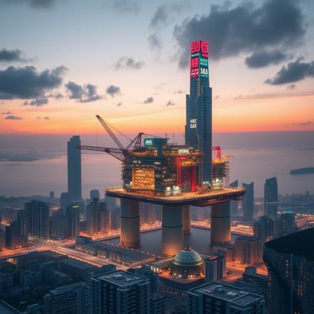 make offshore rig future setting with skyscraper chine text of a town