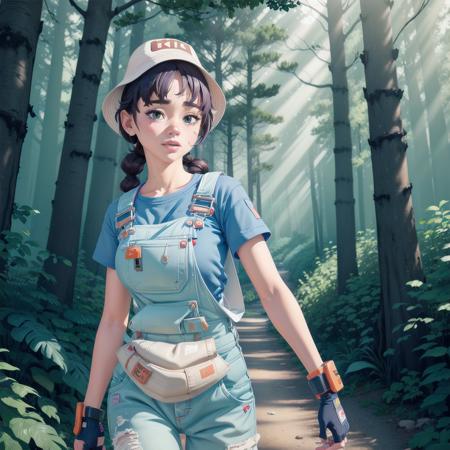 1girl, solo,  <lora:DuskMae-09:0.75>, denim overalls, bucket hat, dynamic pose, full body shot, cowboy shot, (8k, masterpiece, uhd:1.5), orange bandage on nose, looking at viewer, in a forest, god rays, sunny,  <lora:add_detail:0.6>