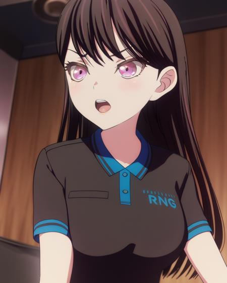 masterpiece, best quality,   <lora:ALL:1>ï¼Shiina Taki, 1girl, solo, upper body, open mouth, pink eyes, breasts, employee uniform, collared shirt, short sleeves, indoors