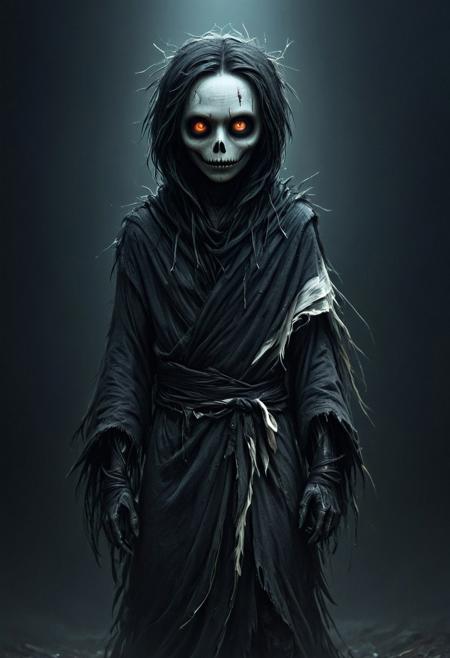 colorful, creepy drawing, simple illustration, childlike illustration. creepy, scary
A simple illustration of a humanoid figure wrapped in tattered white and black cloth, glowing white eyes, dark void-like face, layered ragged robes with feather-like textures, post-apocalyptic aesthetic, eerie and surreal, high detail, cinematic lighting, soft gradient background.