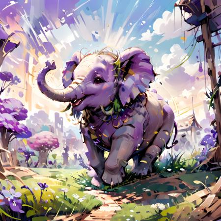 comic elephant on lavanda field (anime comic) (style 3D inpasto)
