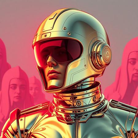 Avant-garde , Robert T techno style ,1970s retro futurism , chrome and Gold