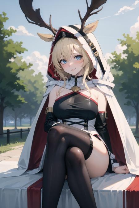 best quality,  looking at viewer ,<lora:VIVIANAK-000007:1>, vivianaak, 1girl, long hair, looking at viewer, blonde hair, animal ears, breasts, hood, bangs, deer ears, large breasts, hooded cape, blue eyes, solo, cape, hood up, white cape, ears through headwear, dress, black dress, outdoors, smile, blush, sitting, crossed legs,thighhighs, arms