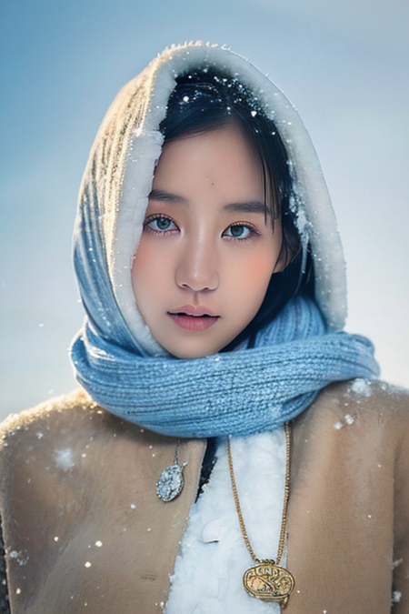 1girl,(close-up:1.1),(winter ,snowy:1.2),(RAW photo:1.2), (photorealistic:1.4),(masterpiece:1.3),(best quality:1.4), dreamlikesolo, cute,(medium breasts), black hair, black eyes, crystal pendant, Long blue scarf,White long wool coat,(detailed face), grunge,(high detailed skin:1.2),soft lighting, high quality