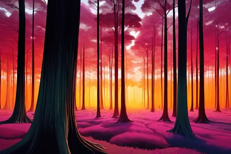 A surrealistic fusion of Reuben Wu's ethereal landscapes with Nick Knight's hyper-realistic models. A Synthetic forest of barcode trees, where creatures with Taro Okamoto's biomechanical limbs frolic and play. The sun sets in vibrant, electric hues, casting long, synthetic shadows that distort the Sharp Focus images of the models. In the distance, a satellite hovers, projecting old school designs onto the landscape, OverallDetail