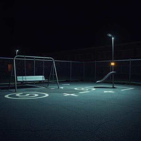 A liminal space of an empty elementary school playground at night, bathed in the dim glow of flickering streetlights. The cracked asphalt, once filled with laughter and running feet, is now eerily silent. The faded hopscotch lines and scuffed four-square courts remain, ghostly reminders of a time that feels distant yet strangely familiar.
The old metal swings creak gently in the night breeze, swaying ever so slightly as if someone just left. The slide, its metal surface cold and reflecting the pale moonlight, stands abandoned. The chain-link fence enclosing the playground rattles softly, the only sound breaking the heavy silence. The dull hum of a distant highway lingers in the air, mixing with the faint scent of chalk and damp pavement.
Beyond the playground, the darkened school building looms, its windows empty and unblinking. A single fluorescent light flickers in a distant hallway, casting long, unsettling shadows. Though no one is here, the place feels alive, as if the echoes of recess and childhood games still cling to the air. This is a place you’ve been before—or maybe just dreamed of—a space between memories, forever paused in time.