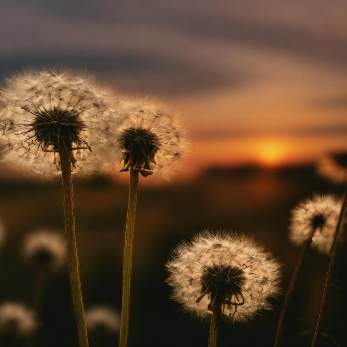 Dandelions in a field with a sunset in the background.
