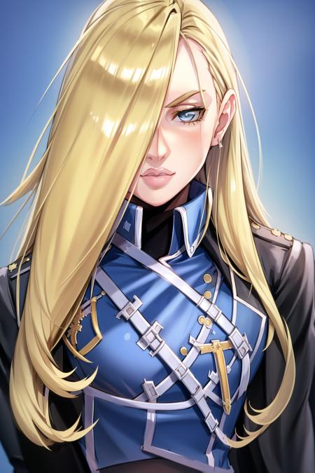 upper body, woman, olivier_mira_armstrong, blue uniform, <lora:Olivier Mira Armstrong:0.8>,highres, sharp focus, pixiv masterpiece, ((intricate details)), highly detailed,