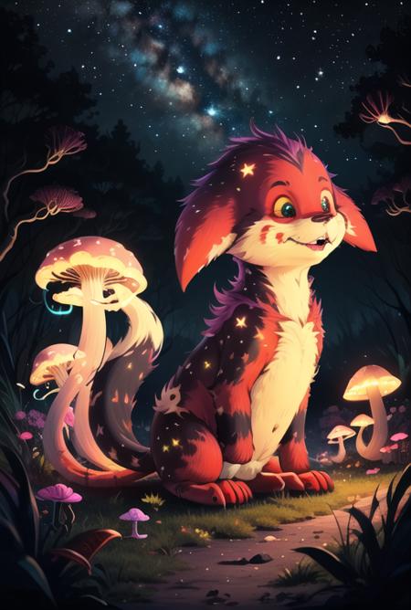 (8k, RAW photo, best quality, masterpiece:1.2), 
red fur, white eyes, claws, fang, bones, fluorescent mushroom forest, night, fluorescent stars, magic, magical flowers, spirits,kacheek, <lora:Kacheek:0.70>