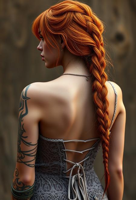 1 girl, 24 years old, tonned body, skinny body, (heavy breast 1.6), laced hippie dress, deep cleavage, tattoos, orange gradient hairs, heavy braid, pink lips, wet skin, round firm ass, view from rear, 8k, ultra detailed skin texture, ultra realistic skin texture