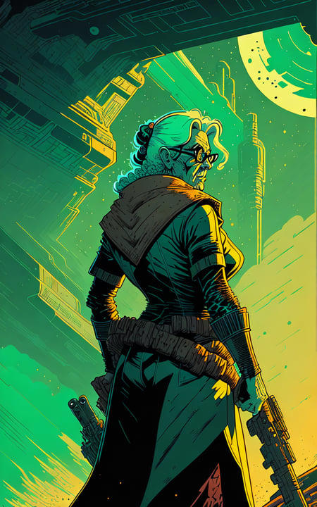 retro illustrated comic style epic composition wallpaper of an old grandma as a badass futuristic bounty hunter