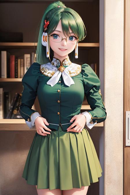 (masterpiece, best quality:1.2), cowboy shot, solo, 1girl, xphome-tan, smile, looking at viewer, ponytail, hair ornament, glasses, green skirt, juliet sleeves, green skirt <lora:os-tan_xphome-tan:1.0>