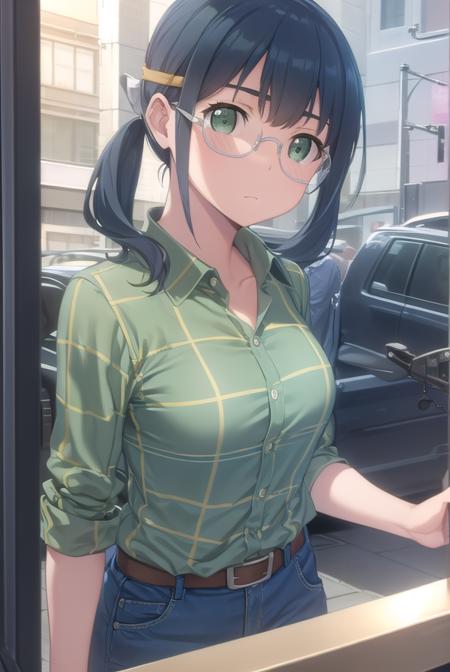 saorimakishima, <lora:saori makishima s2-lora-nochekaiser:1>,
saori makishima, twintails, blue hair, (green eyes:1.3),
BREAK shirt, glasses, belt, pants, headband, denim, jeans, plaid shirt, opaque glasses, (green shirt:1.2),
BREAK outdoors, city,
BREAK looking at viewer, (cowboy shot:1.5),
BREAK <lyco:GoodHands-beta2:1>, (masterpiece:1.2), best quality, high resolution, unity 8k wallpaper, (illustration:0.8), (beautiful detailed eyes:1.6), extremely detailed face, perfect lighting, extremely detailed CG, (perfect hands, perfect anatomy),