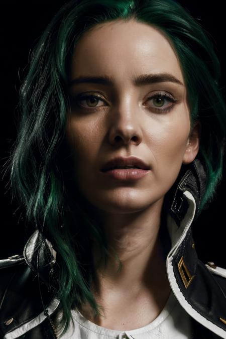 portrait photo of edt,(white shirt and black leather jacket), (green hair), alluring portrait, intricate, highly detailed, digital painting, artstation, concept art, naughty, sharp focus, cinematic lighting, illustration, art by artgerm and greg rutkowski, alphonse mucha, cgsociety,<lora:EmmaDumont-RealVision-V1.0:1>