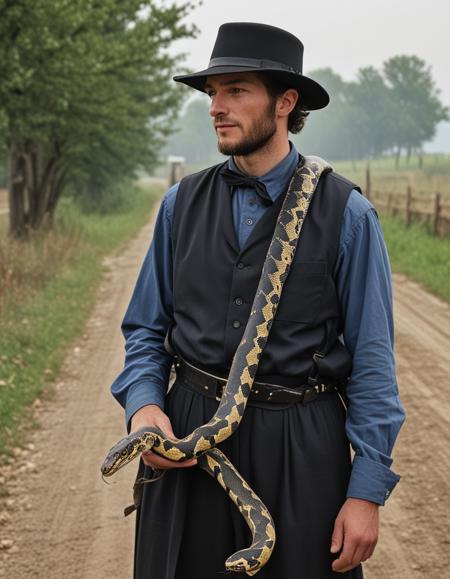 An Amish man outdoors on a rustic farm, with a snake on shoulders, ,sn4k3, snake, snake on shoulders, upper body.<lora:Snake_on_Shoulders_Pony:1>
