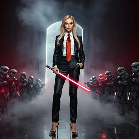 slender arrogant cold russian blonde lady wearing rich black glossy satin business trouser suite with lace inserts, small size opulent glossy high heels, white shirt, red silk tie, jewels, elegant small light saber,  standing, giant portal to outer space, fog from the floor, empire spaceship hangar, surrounded by halo odst troopers, fashion look, hollywood, vogue makeup, porcelain skin, long haired, ultrathin waisym reminiscent of H.R. Giger, Zdzisław Beksinski, and Ash Thorp's dark, sleek styles, with close-up glamour photography, glossy satin and silver heels glistening, fleshy slime dripping, and dark shadows.