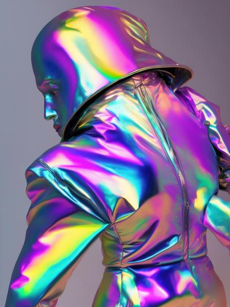 <lora:MADEOFIRIDESCENTFOIL:1>MADE OF IRIDESCENT FOIL photorealistic punk spacesuit chrome rainbow skintight female fashion pose