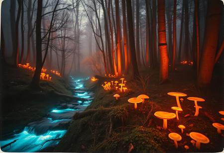 Vintage Polaroid-style snapshot, magical forest at twilight, bio-luminescent stream winds through the trees, glowing mushrooms and flora, soft mist, warm orange light, long exposure creates a dreamy blur, dark backdrop, gentle focus, warm tones, intricate details, skin texture, hyper detailed, 8K.