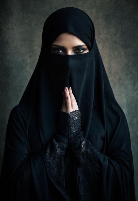 Dark Fantasy Art of  a woman in a black burqa covering her face burqa style, dark, moody, dark fantasy style,