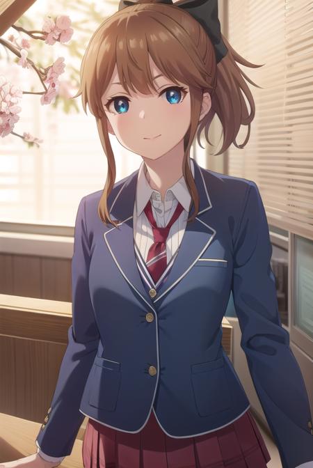 akatsukiminami, <lora:akatsuki minami s1-lora-nochekaiser:1>,
akatsuki minami, blue eyes, brown hair, ponytail, hair bow, sidelocks, black bow, smile,
BREAK shirt, school uniform, jacket, white shirt, necktie, collared shirt, blazer, red necktie, red skirt, skirt,
BREAK indoors, classroom,
BREAK looking at viewer, (cowboy shot:1.5),
BREAK <lyco:GoodHands-beta2:1>, (masterpiece:1.2), best quality, high resolution, unity 8k wallpaper, (illustration:0.8), (beautiful detailed eyes:1.6), extremely detailed face, perfect lighting, extremely detailed CG, (perfect hands, perfect anatomy),