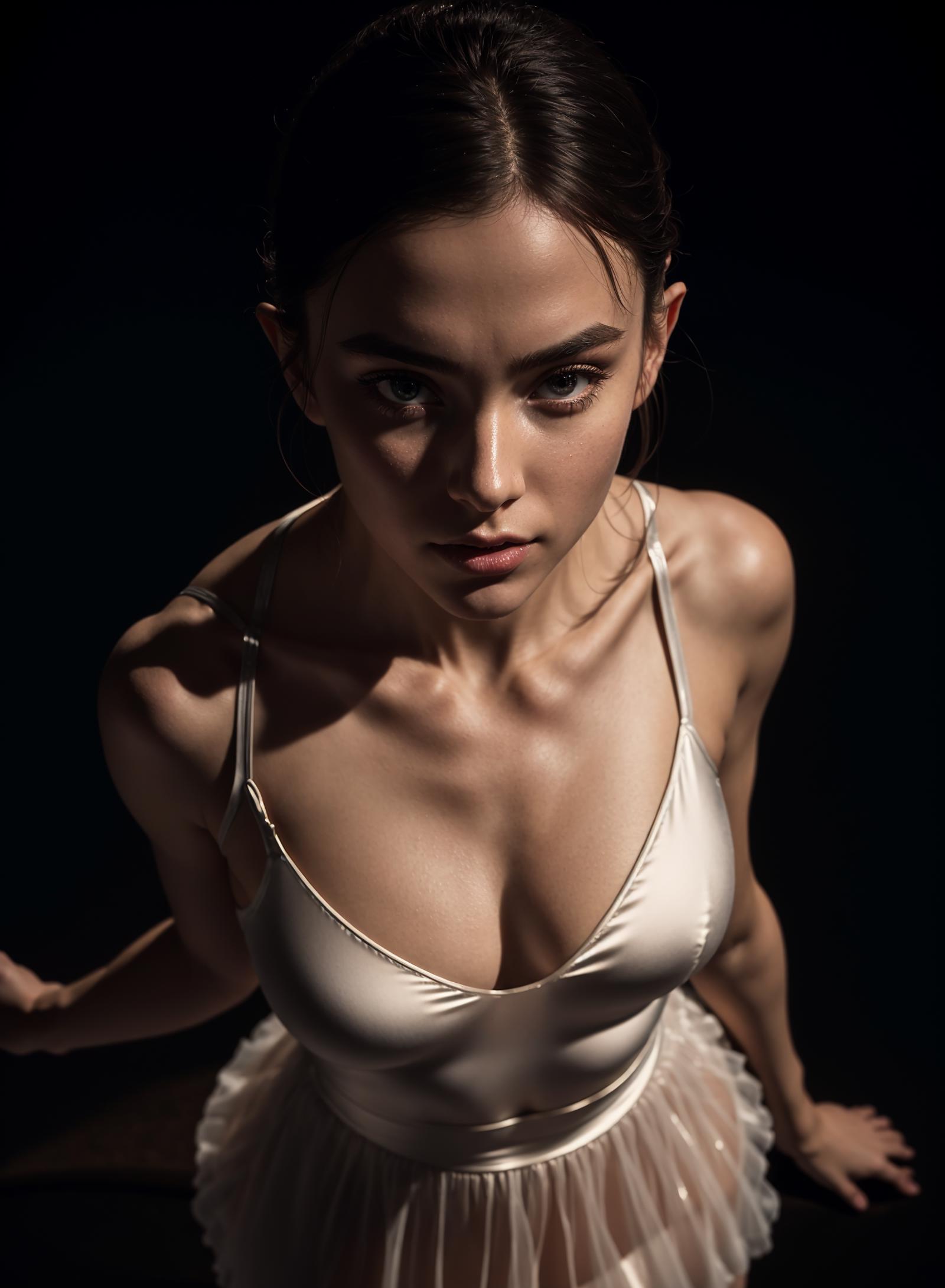 The image features a close-up of a woman with a prominent cleavage, wearing a white lace bra and dress. She is looking down and appears to be posing for a picture. The focus of the image is on her upper body, with her neck, chest, and shoulders prominently displayed. The woman's gaze directed downwards adds a sense of mystery and intrigue to the overall composition of the photo.