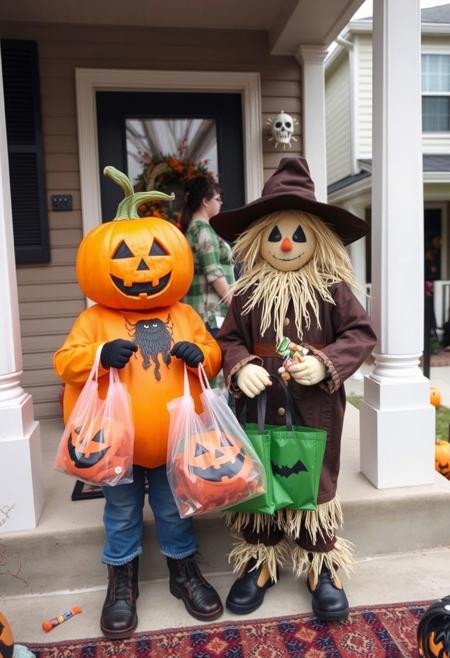 A pumpkin cosplaying as a scarecrow, and a scarecrow cosplaying as a pumpkin going trick or treating door to door. They are having the time of their lives. They hold spooky bags full of Halloween candy. They are on the stoop of a suburban house. There are other trick or treaters in the background. The houses are nicely decorated with Halloween decorations.