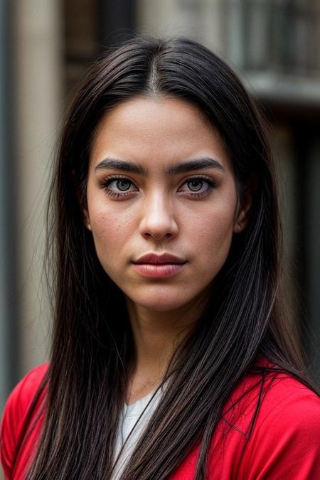 woman with dark long hair, high cheekbones, full sensual lips
large symmetrical gorgeous
eyes
light skin tone,
well-defined symmetrical
facial features
blue eyes
symmetrical face masterpiece, perfect anatomy, perfect lighting, hyperdetailed, looking into the distance
red dress