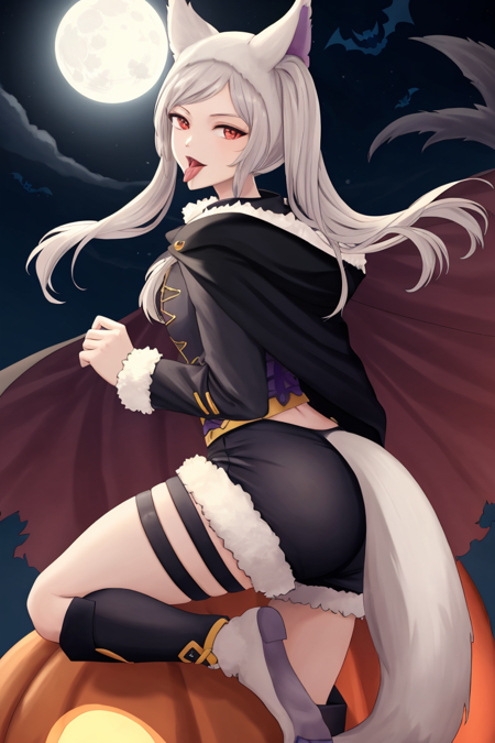 (masterpiece, best quality:1.2), fvrobin fe, looking at viewer, open mouth, tail, ass, shorts, tongue, tongue out, cape, fur trim, thigh strap, moon, wolf tail, full moon, halloween