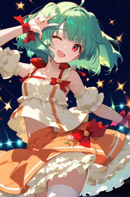 ranka lee, green hair, red eyes, short hair, ahoge, idol clothes, skirt, thighhighs, layered skirt, orange skirt, wrist ribbon,  white thighhighs, bare shoulders, (navel:0.2),