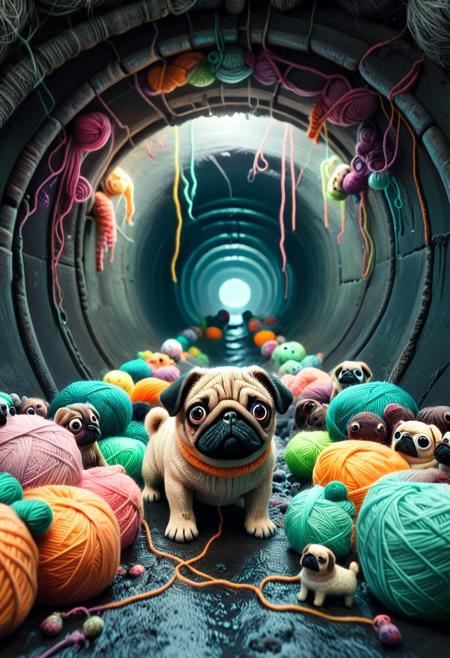 a vibrant and cinematic image showing a dark, dank and creepy sewer tunnel. In the center of the frame is a (cute pug made out of yarn:1.5). yrnwrld