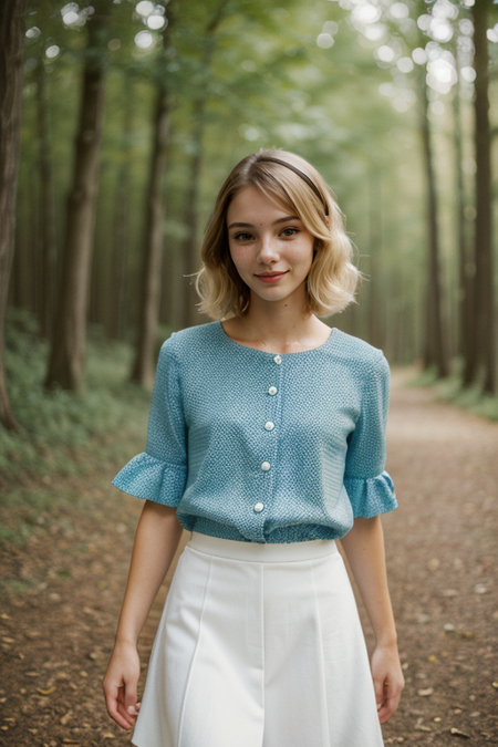 RachelYampolsky, short hair, mutiple hair clips, ((forest, full body:1.3)), skirt, petite, focus, looking at viewer, standing, walking, pose, straight hair, looking at viewer, solo, beautiful face, (bright blond hair:1.5), short hair, red headband, (dynamic angle:1.2), cute smile, smirk, makeup, (best quality:1.2), absurdres, (masterpiece, best quality, 8k:1.2), absurdres, face focus, bloom, accent lighting, film grain, simple background, (blurry background:1.8), (bokeh:1.3)