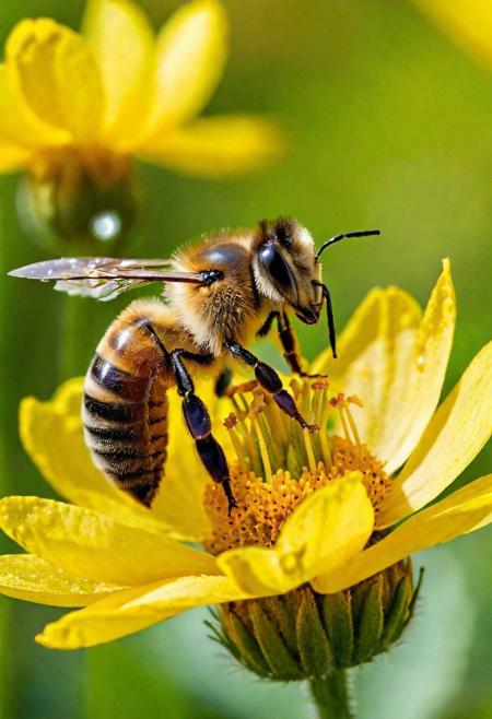 Craft an exquisite masterpiece that captures the stunning detail and vibrant life of a honey bee.The scene is set in an ultra-high-definition, sunlit meadow, brimming with colorful wildflowers. The honey bee, in hyper-realistic detail, is hovering near a bright yellow blossom. Its wings should be translucent and iridescent, catching the sunlight in a dazzling display. The bee's furry body is finely detailed, with each hair visible, glistening with tiny droplets of morning dew.The background is a blur of greenery and flowers, creating a depth of field that brings the bee sharply into focus. Surrounding the bee are soft, golden rays of sunlight filtering through the petals, creating a warm, inviting atmosphere. The entire scene is alive with the gentle buzz of the meadow and the delicate rustling of leaves in the breeze. This image should not only showcase the intricate beauty of the honey bee but also the vibrant ecosystem it thrives in, combining realism with a touch of whimsy.