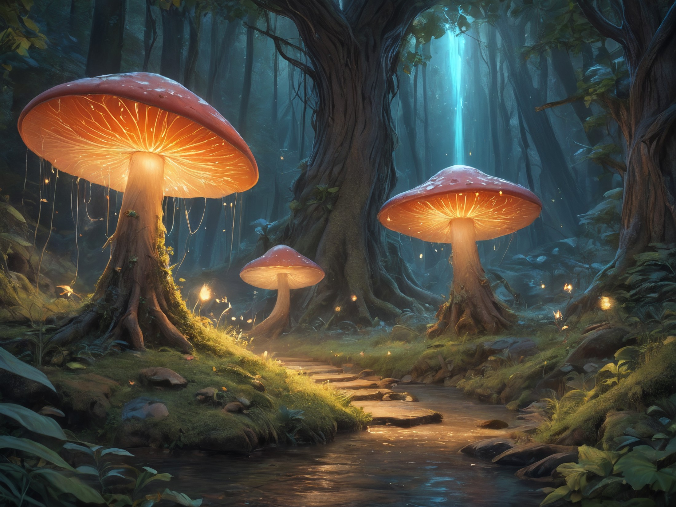 ethereal fantasy concept art of A mystical forest at night, with glowing mushrooms and fireflies illuminating the trees. I...