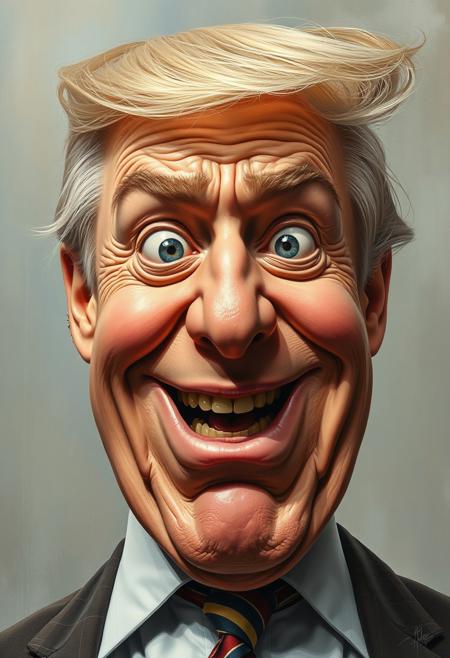 A large-scale, almost photographic portrait, but with comically exaggerated expressions, making the subject appear both humorous and intensely lifelike.hyper-realistic satirical caricature, exaggerated yet glossy lifelike textures, surreal melting paint effects, dramatic lighting, socially charged humor, fine oil painting realism mixed with expressive cartoon distortions, deep emotional intensity