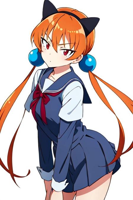 1girl orange hair long hair tsurime twintails fake animal ears hair ornament hair bobbles red eyes low twintails