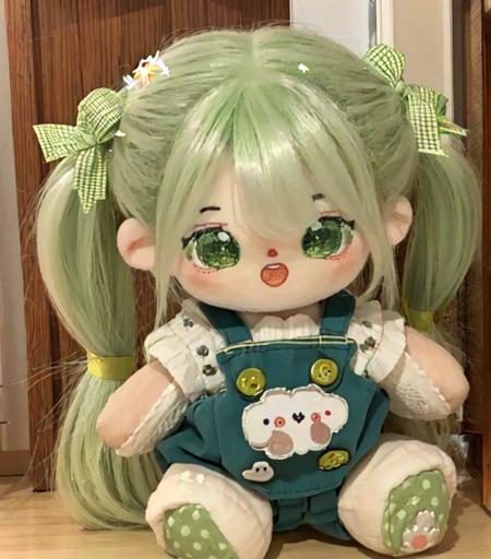 mianhuawawa, 1girl, artist name, bangs, bow, green eyes, heart, looking at viewer, open mouth, photo \(medium\), rain, signature, sitting, solo, trembling, long hair, ribbon, hair ribbon, green hair, barefoot, indoors, :o, side ponytail, white ribbon, overalls, blue overalls, daiyousei, <lora:mianhuawawa:1>