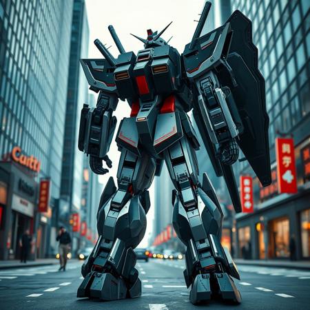 Gundam, a mecha-style mech with a black and silver color scheme, stands in the city streets at a giant size, with weapons on its back. The close-up view of the full body has a sci-fi feel, with cool tones, a metallic texture, and a wide-angle lens creating high contrast and a cool light effect. This high-resolution photography showcases the high level of detail and hyper-realistic, photo-realistic quality of the 3D rendering in full HD.