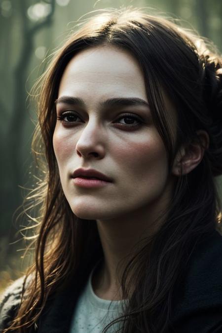 Photography of a classy woman's face,
dslr photo,
32k,
very sharp,
realistic,
highly-detailed-skin,
her hair is brown and short like she has the eerie glow that makes it feel like Keira Knightley when she was 18 years old. The eyes are wide open with fear as they clings to otherworldly beauty in a mystical forest setting against the soft light on their lips by jeremy mann,
hair in a tight bun,
8K resolution, 
high detail, ultra-high