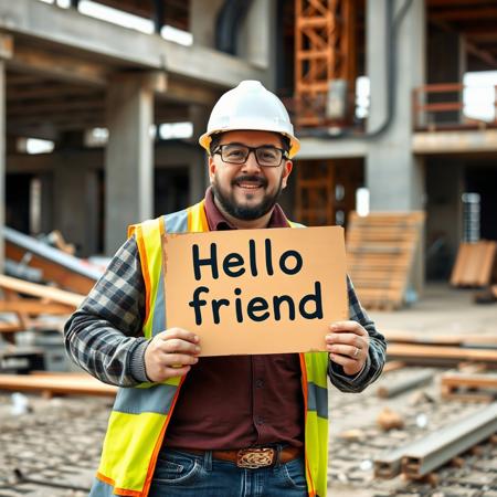 A man wearing a hard hat on a construction site holds a sign that reads: Hello friend