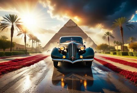 cinematic photo of 1937 LaSalle Opera Coup, magnificent three pyramids of Giza appear clearly, charm, highly detailed car, Professional lighting, full of life, Lively and energetic, 8K, rays of sun flow beyond heavy clouds, HDR, Fast & Furious movie, motion blur, moving tires, Cinematic Shot, Cinematic Lighting, amazing world, pure perfection, Need For Speed, wide angle exterior background, wet asphalt road, autumn leaves, grass, flowers, jasmine flowers, palm trees, nebula horizon.