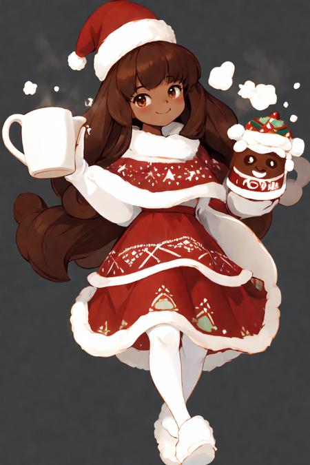 cocoacookie, holding mug of cocoa, smiling, solo, fullbody, white background, no background, transparent background, simple background, best quality, masterpiece, high resolution, dark skin, 1girl, absurdres <lora:cocoacookie_v1.2:0.8> <lora:christmas_test:1>