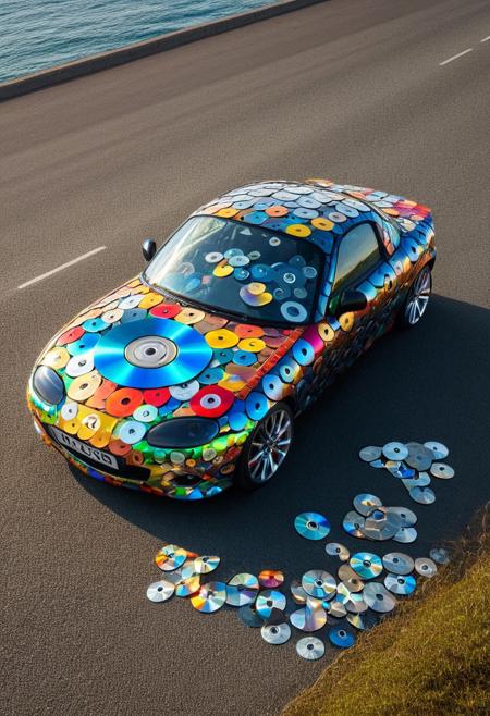 a mazda mx5 car made of cd's, detailed and intricate, colorful, on a coast road, top down