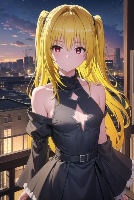 toloveruyami, <lora:yami darkness-lora-nochekaiser:1>, 
yami, (yellow hair:1.5), long hair, (red eyes:1.5), (hair ornament:1.2), two side up, (small chest:1.2), 
BREAK sleeveless, detached sleeves, dress, black dress, black skirt, clothing cutout, cleavage cutout,
BREAK outdoors, night, sky, star \(sky\), moon,
BREAK looking at viewer, (cowboy shot:1.5),
BREAK <lyco:GoodHands-beta2:1>, (masterpiece:1.2), best quality, high resolution, unity 8k wallpaper, (illustration:0.8), (beautiful detailed eyes:1.6), extremely detailed face, perfect lighting, extremely detailed CG, (perfect hands, perfect anatomy),