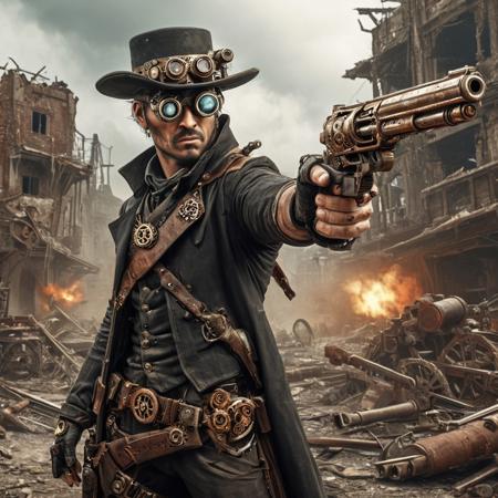 A steampunk-style post-apocalyptic gunslinger, aiming directly at the viewer, closing one eye, pointing the gun at the camera, with gear details on the gun, in the background you can see a post-apocalyptic scene of a destroyed and re-emerged world with ancient machinery.