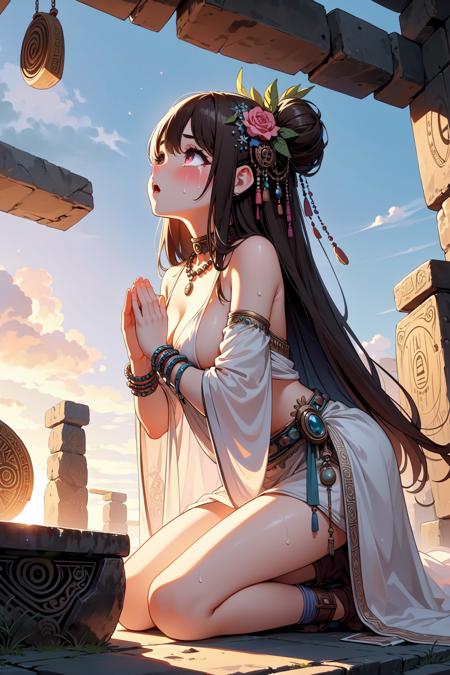 ((ancient altar)), ((looking up)), ((hands together)), crying, druid shaman bra, see-through sleeves, ethnic attire, jewelry, choker, hair ornament, hair flower, floating hair, earrings, gem, beads, pearl, bracelet, necklace, stonehenge, gradient colorful cloudy sky,